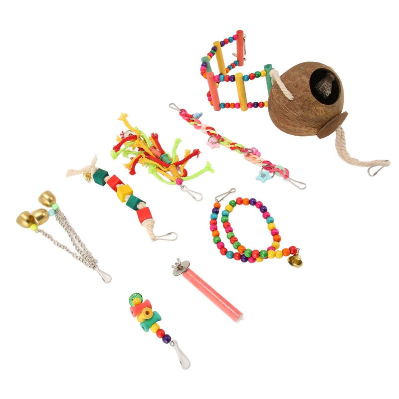 8pcs Parrot Toys Adjustable Coconut Shell Ladder Hanging Toys Interactive