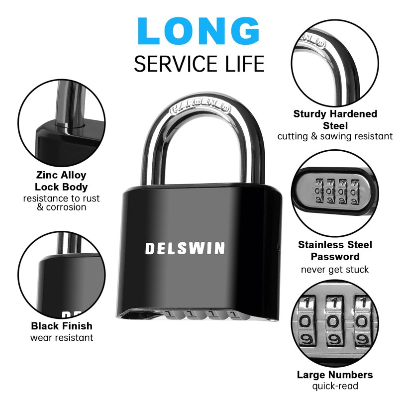 DELSWIN 4-Digit Combination Lock Outdoor Padlock - Heavy Duty Locker