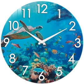 Large Outdoor Clock Waterproof - Coastal Beach Nautical Ocean Wall Clocks with Sea Turtle Underwater for Patio Pool Porch Deck Yard Bathroom Decor,Blue 14 Inch (Glass)