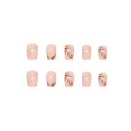 SINHOT Press on Nails Short Coffin Butterfly Grass Fake Nails Glossy Glue on Nails Pink Acrylic Nails Ballerina Gold Glitter Artificial Nails Stick on False Nails with Design 24 pcs