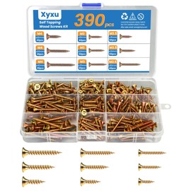Xyxu Wood Screws Assortment Kit -390PCS M3, M3.5, M4 Self Tapping Screw Set, 16-40mm Carbon Steel Zinc Coated Countersunk Small Assorted Screws for Wood and Various DIY Woodworking Projects