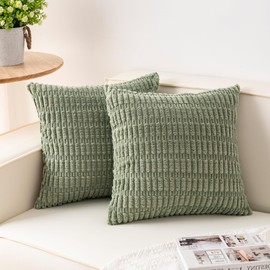 Aegero Pack of 2 Corduroy Decorative Throw Pillow Covers 18x18 InchSoft Boho Striped Pillow Covers Modern Farmhouse Home Decor for Sofa Living Room Couch Bed（Sage Green）
