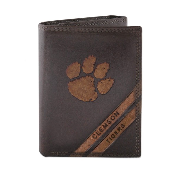 NCAA Clemson Tigers Zep-Pro Pull-Up Leather Trifold Embossed Wallet, Brown