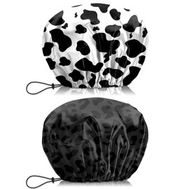 BHAHB 2 PCS Shower Cap Waterproof Double Layer Elastic Adjustable Reusable Hair Bath Caps for Girls Women Cute Aesthetic-Cow Black