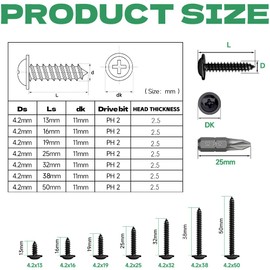 HXJDAM 160Pcs M4.2x25mm Black Self Tapping Screws, Flat Head Screws, Pan Head Screws, Wafer Head Self Tapping Screws for Plastic, Sheet Metal, Pasterboard and Wood, Aluminum