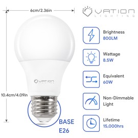 VATION LIGHTING VATION LIGHTING A19 LED Light Bulbs 3000K Warm White, 60 Watt Equivalent, Efficient 8.5Watt, 800 Lumens, E26 Medium Base, Non-Dimmable, ETL/UL Listed, 24 Pack