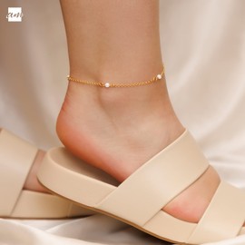 Amberta Women 925 Sterling Silver Freshwater Pearl Anklet: 4-5 mm Pearl Beaded - Gold Plated Anklet 25 cm