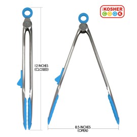 Dairy Blue Locking Kitchen Tongs - 12" Heavy Duty Multipurpose Tool - Stainless Steel with Non-Stick Silicone Tips - Color Coded Kitchen Tools by The Kosher Cook