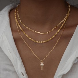 Cross Necklace for Women，14K Gold Plated Pendant Layered Necklace Choker Necklace for Women， Trendy Gold Jewelry Gifts for Women (Cross Neck-C)
