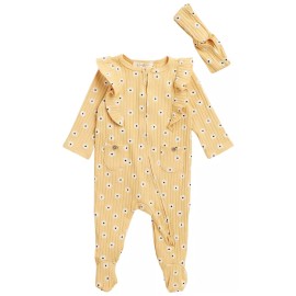 Jessica Simpson Baby Girl Ruffle Rib Knit Zip Footie 3/6M New Wheat Floral