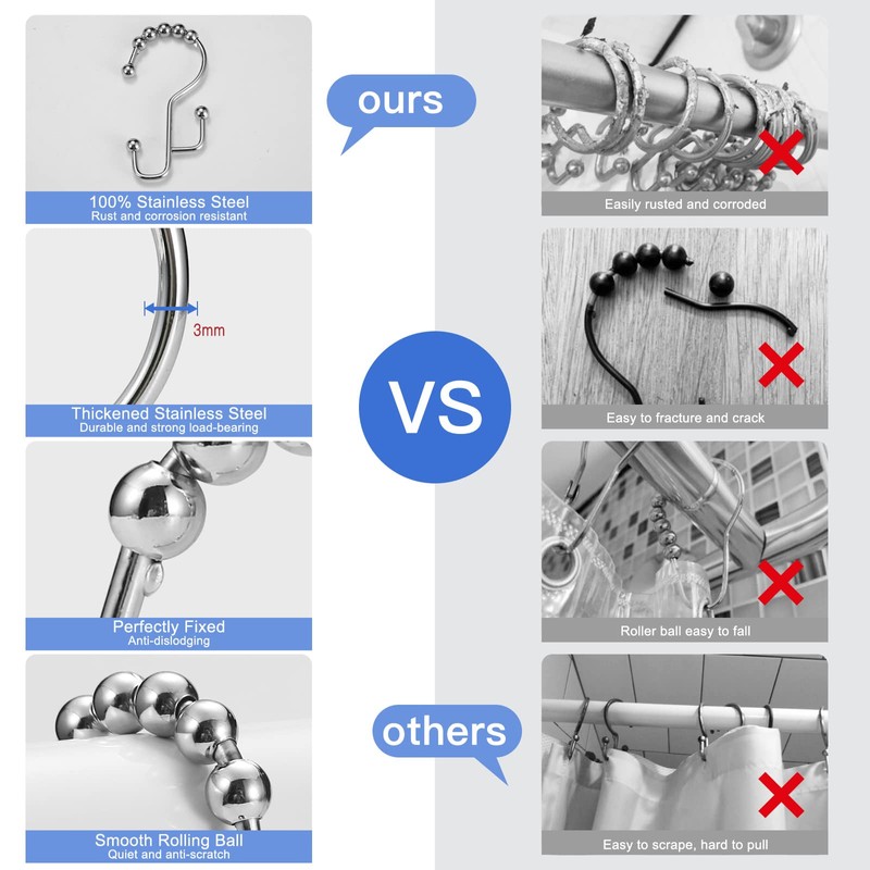 Shower Curtain Rings, SUTINE Shower Curtain Hooks, Stainless Steel Black