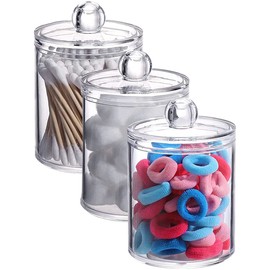 3 Pack Qtip Dispenser Holder Jars, Bathroom Vanity Round Storage Organizer Canister, Clear Acrylic Container Box for Cotton Balls Rounds Makeup Sponges Bath Salts Tooth Floss Picks (Style 1, Clear)