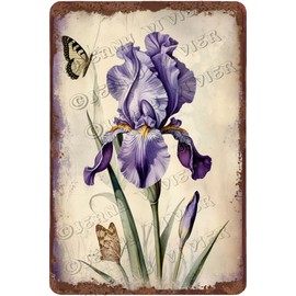 Purple Iris Aluminum Vintage Botanical Decor - Rustic Iris Flower Decor- Shabby Chic Metal Sign French Decor Home Decor 12x8 Inches