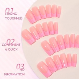 Pink French Tip False Nails - 24Pcs Coffin Press-On Nails - Nude Pink Medium Length Full Cover Fake Glossy Elegant Acrylic Look Premium ABS Material Reusable Stick-On for Women Daily Wear