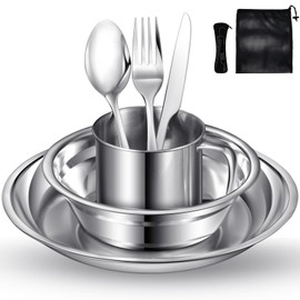 Lafuntar Camping Plate Bowl Cup Cutlery Set for 1, 8-Piece Camping Dinner Set, Camping Crockery Sets for Camping, Travel & Outdoor.