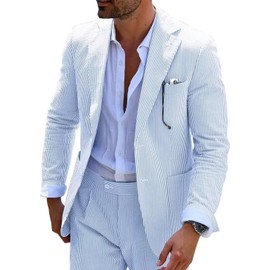 Seersucker Slim Suits Men Formal Summer Beach Wedding Grooms 2 Piece Blazer Pants Party Striped Suit Light Blue XL