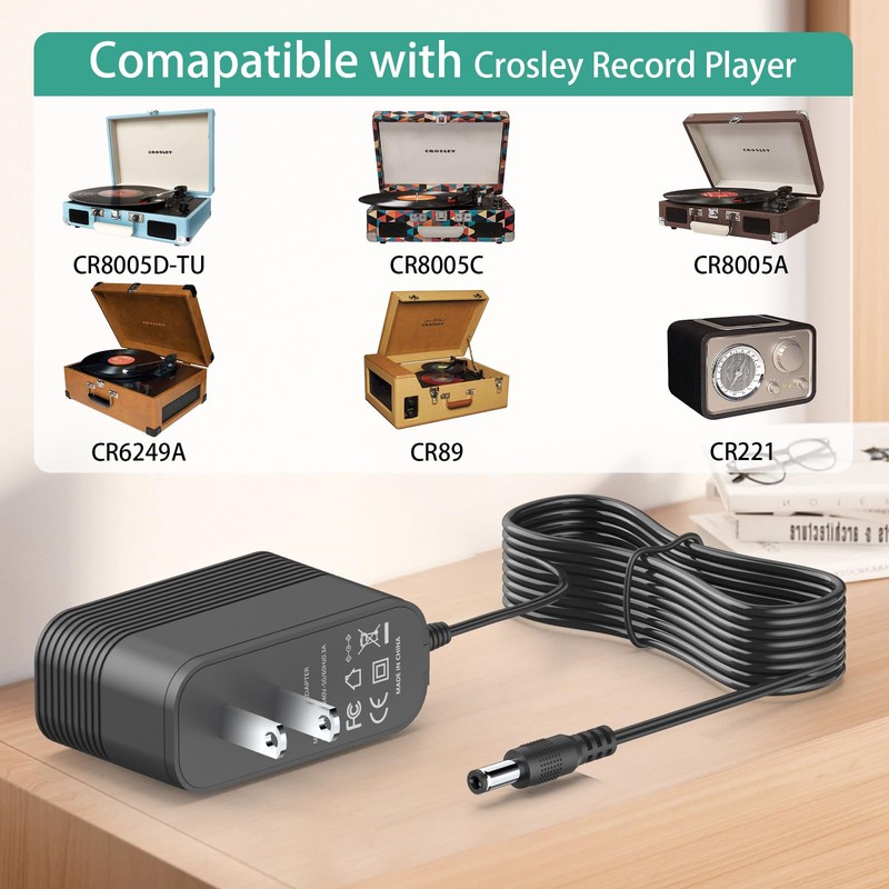 Power Cord for Crosley Record Player, 9V AC Adapter Compatible