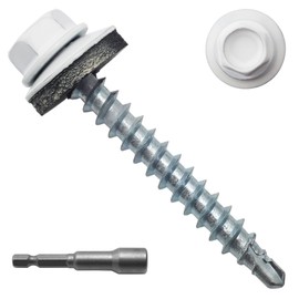 JEGONFRI 250pcs #10 x 1-1/2" White Hex Head Self-Drilling Metal Roofing Screws, EPDM Washer, Colored Head, Sheet Metal Roof Screw with Hex Driver Bit