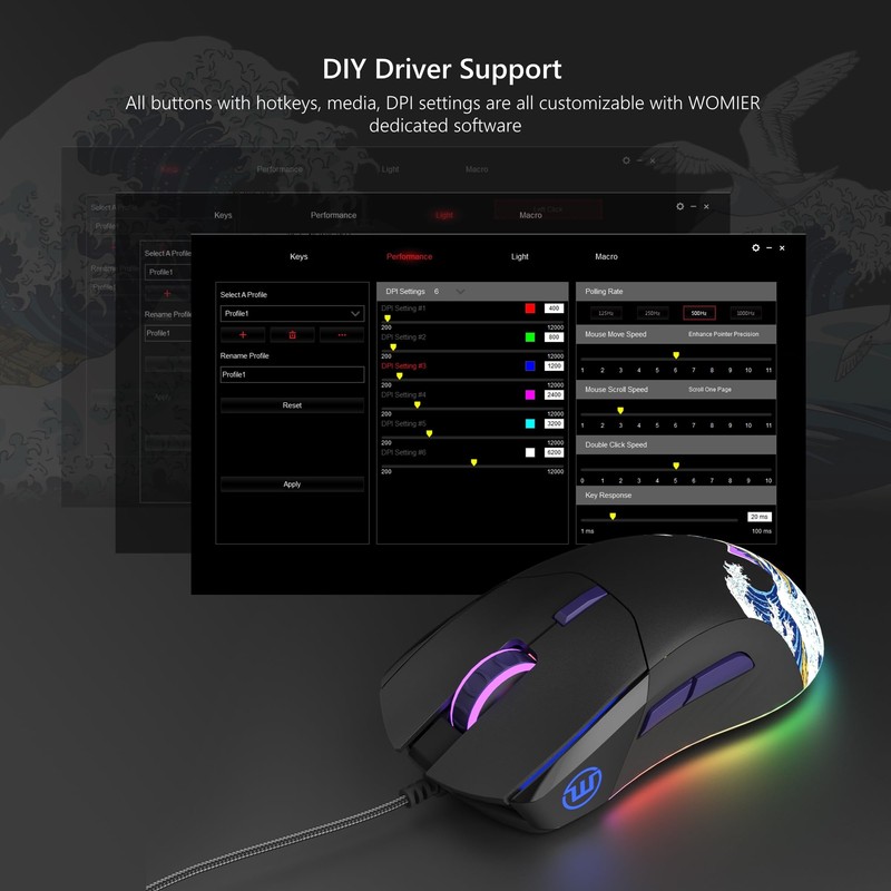 Womier Wired Gaming Mouse,Black RGB Anime Mouse w/Ergonomic Computer 12000DPI/6