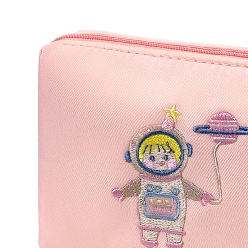 Spaceman Embroidered Mini Makeup Bag Zipper Closure Multi Compartment Travel