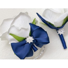 Ting & Cecilly Rose Wrist Corsage Boutonniere Set Artificial Flower Corsage Boutonniere with Satin Ribbon Rhinestone Decor Handmade Silk Flower for Prom Wedding Party Suit Decor (Dark Blue)