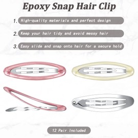 12 Pieces Oval Snap Hair Clips Tortoise Metal Snap Clips Oval Epoxy Hair Grips Metal Ellipse Hair Clips Non slip Snap Hair Barrettes Hair Accessories for Women Girls Hair Styling, 2.8 In (Vivid Style)