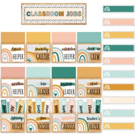 JarThenaAMCS 73Pcs Modern Boho Class Jobs Bulletin Board Colorful Boho Rainbow Classroom Jobs Pocket Chart with Name Tag for Back to School Classroom Teaching Tools