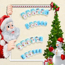 Christmas Blue Press on Nails Short Square Fake Nails, Winter Xmas Press on Nails Snowman with Snowflake Christmas Tree Design Glossy False Nails Christmas Glue on nails Christmas Acrylic Nails