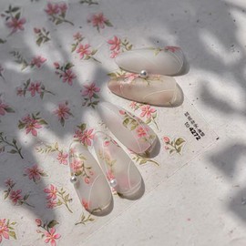 Flower Nail Art Stickers Pink Nails Sticker Spring Floral Leaf Plant 5D Embossed Nail Decals Self-Adhesive Supplies Chinese Style Manicure Decoration Accessories