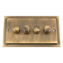 Mains LED Light Dimmer Switch 250W 4 Gang - Victorian Antique Brass - Push On/Off 2 Way