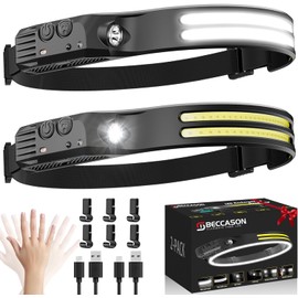 Beccason 2Pack LED Headlamp Rechargeable - 230° COB Super Bright Head Lights for Forehead, Hard hat Light for Adults, USB C Headband Flashlight for Work, Hunting, Running, Camping Essentials Gear