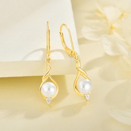 Vinoya 925 Sterling Silver Freshwater Cultured Pearl Earrings Yellow Gold Plated Cubic Zirconia infinity Pearl Dangle Drop Earrings for Women