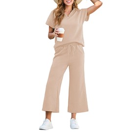 Dokotoo Two Piece Sets For Women Cozy Casual Loungewear Womens Clothing Resort Wear Lapel Collar V Neck Short Sleeve Sweatsuit Pajamas Tracksuit Matching Sets Summer Outfits Oatmeal Large