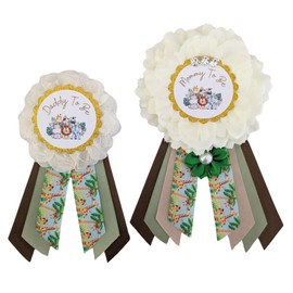 Safari Jungle Gender Neutral Baby Shower Mommy And Daddy To Be Corsage, Safari Animal Baby Sprinkle Mom And Dad Ribbon Pin Set, Jungle Animal Maternity Photo Prop Keepsake Gift