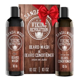 Viking Revolution Beard Wash & Beard Conditioner Set w/Argan & Jojoba Oils - Softens & Strengthens - Natural Sandalwood Scent - Beard Shampoo w/Beard Oil (10oz)