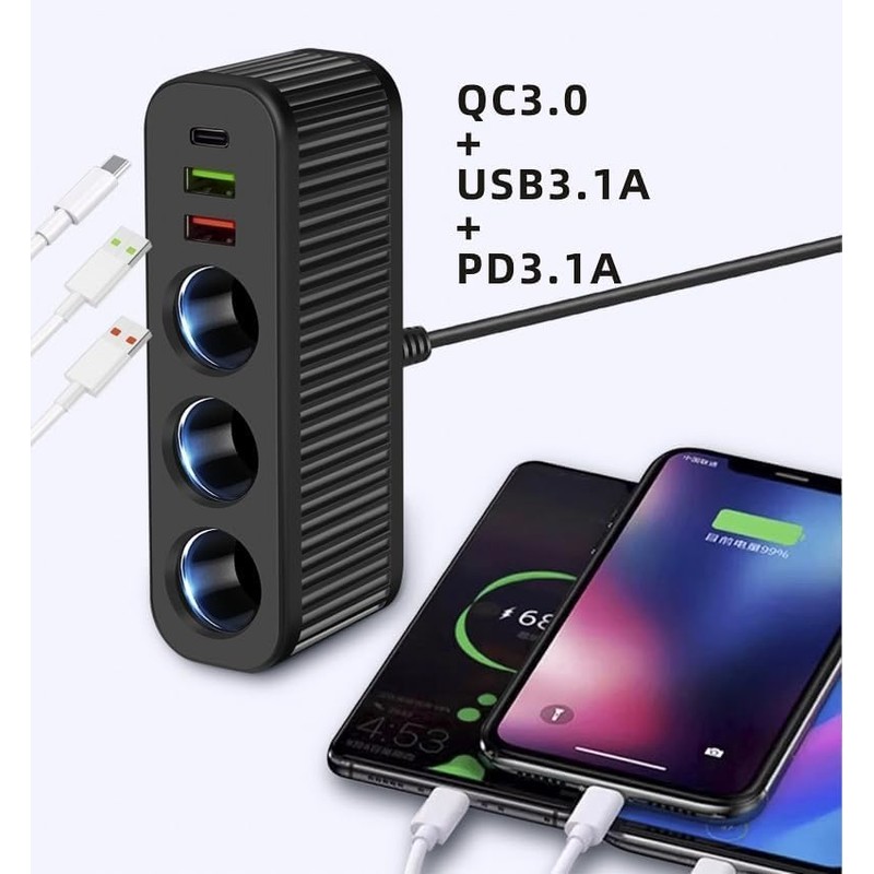 Kfz-Ladegerät Zigarettenanzünder Splitter 120 W Adapter Zigarettenanzünder mit 3 USB-Anschlüssen