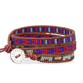 KELITCH Miyuki Beads Bracelets Brown Leather Bracelets Hand Woven 3 wrap Bracelet Bohemian Stackable Multicolor Women Men's Jewelry (Colorful)