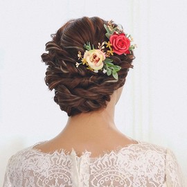 IYOU Flower Leaves Hair Pins Red Wedding Headpiece Bridal Prom Hairpins Hair Accessories for Women and Girls (Pack of 2)