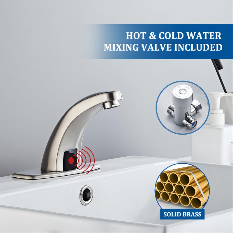 Luxice Brushed Nickel Touchless Bathroom Sink Faucet, Battery Operated Automatic