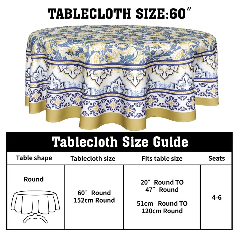 Yellow and Blue Floral Tablecloth Round 60 Inch Farmhouse Boho