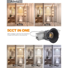 Adetu 2 Inch 5CCT Black LED Recessed Ceiling Light with Junction Box, 2700K/3000K/4000K/5000K Selectable, CRI90, 8W COB, 780LM, Dimmable Canless IP65 Waterproof Downlight-ETL&FCC (Black, 6 Packs)