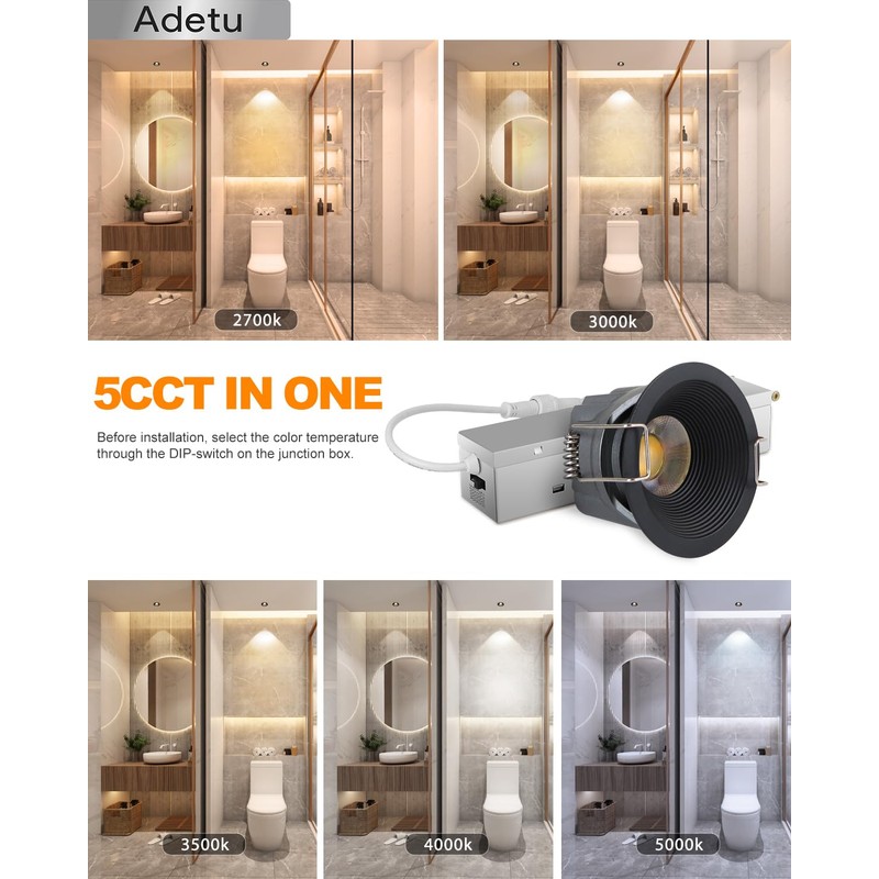 Adetu 2 Inch 5CCT Black LED Recessed Ceiling Light with