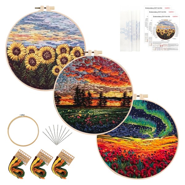KEKEMEOW 3 Sets Embroidery Kit for Beginners, Stitches with Rural