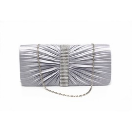 Eleoption Womens Satin Diamante Ladies Pleated Bow Wedding Bridal Prom Handbag Clutch Bag, Gray