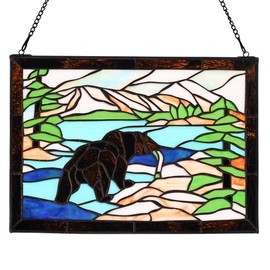 YOURANJU Brown Bear Stained Glass Window Hanging Handmade 16" H x 11" W Tiffany Style Animal Rectangular Window Panel Perfect for Living Room Bedroom Kitchen Window Decoration Hangings with Chain