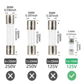 AUKENIEN 3 Values 50pcs 2.5A 3A 5A 125V Mini Fuse Assortment Kit 2.5 3 5 Amp 125 Volt Max Plug Christmas Light Fuses 0.14x0.39 inch 3.6x10 mm Glass Fuse Replacement for Fan String Lights