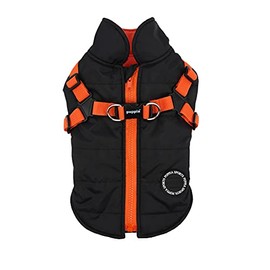 Puppia Dog Coat for Small Dogs and Medium Dogs - Waterproof and Fleece Lined for Pleasant Warmth - Dog Coat with Harness - Black/Orange - M