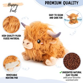 Happy Fuel Highland Cow Microwavable 1.5lbs Unscented Heating Pad for Women & Kids- Cute Soft Cozy Pillow Plush Heatable Warm Stuffed Animals- Kawaii Hot & Cold Plushie Toy- Cow Gifts for Girls & Boys