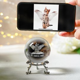 HD LIVING 3D Glas Laser Katze Kristallkugel mit Ständer Glas Deko Katze mit Engelsflügeln Ornament Mein Schutzengel Gedenkkatze Ball Briefbeschwerer Katzenliebhaber für Frauen