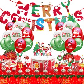 Sekeline Christmas Dinnerware Set Santa Claus Party Supplies Includes Plates Napkins Cups Knives Spoons Forks Tablecloth Balloons Banner Cupcake Toppers for Merry Christmas Party 156 Pieces